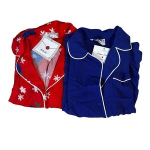Dear Drew Pajama Set Red Floral Blue Button Down Shirt Sleepwear Women's